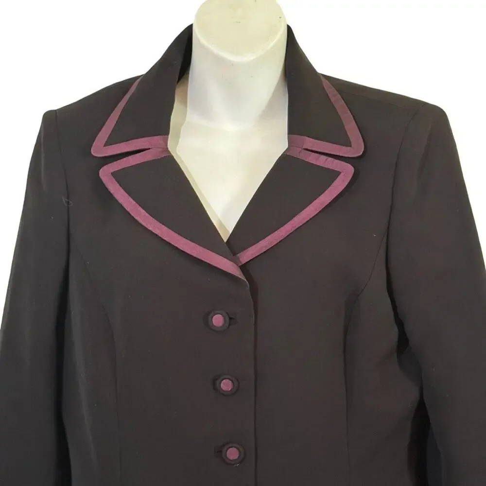 Kasper Black Plum Trim Career Skirt & Suit Jacket Blazer Lined 2 Piece Set sz 8